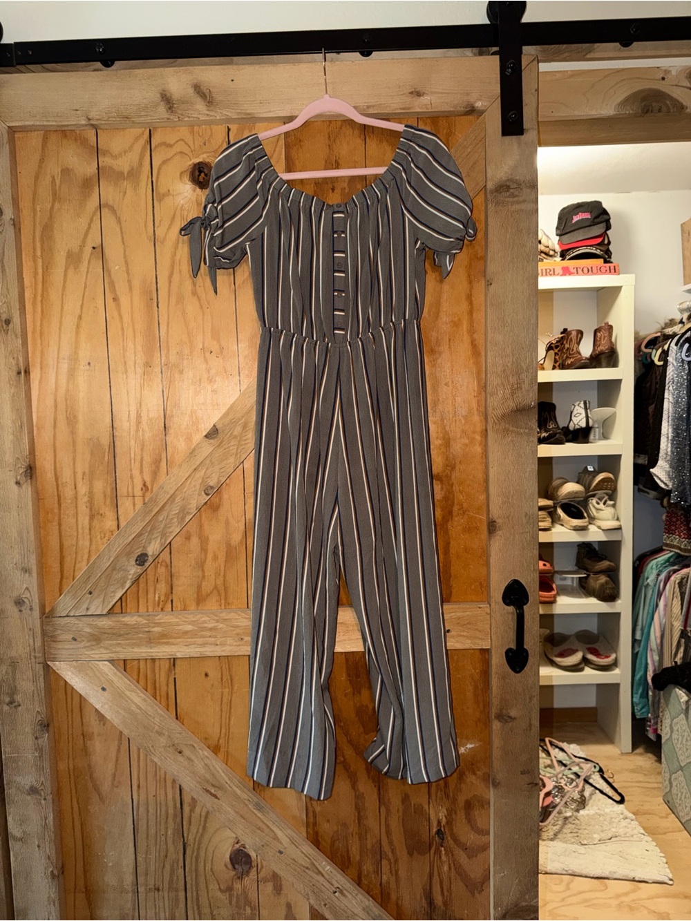 Striped Off-Shoulder Jumpsuit in Gray